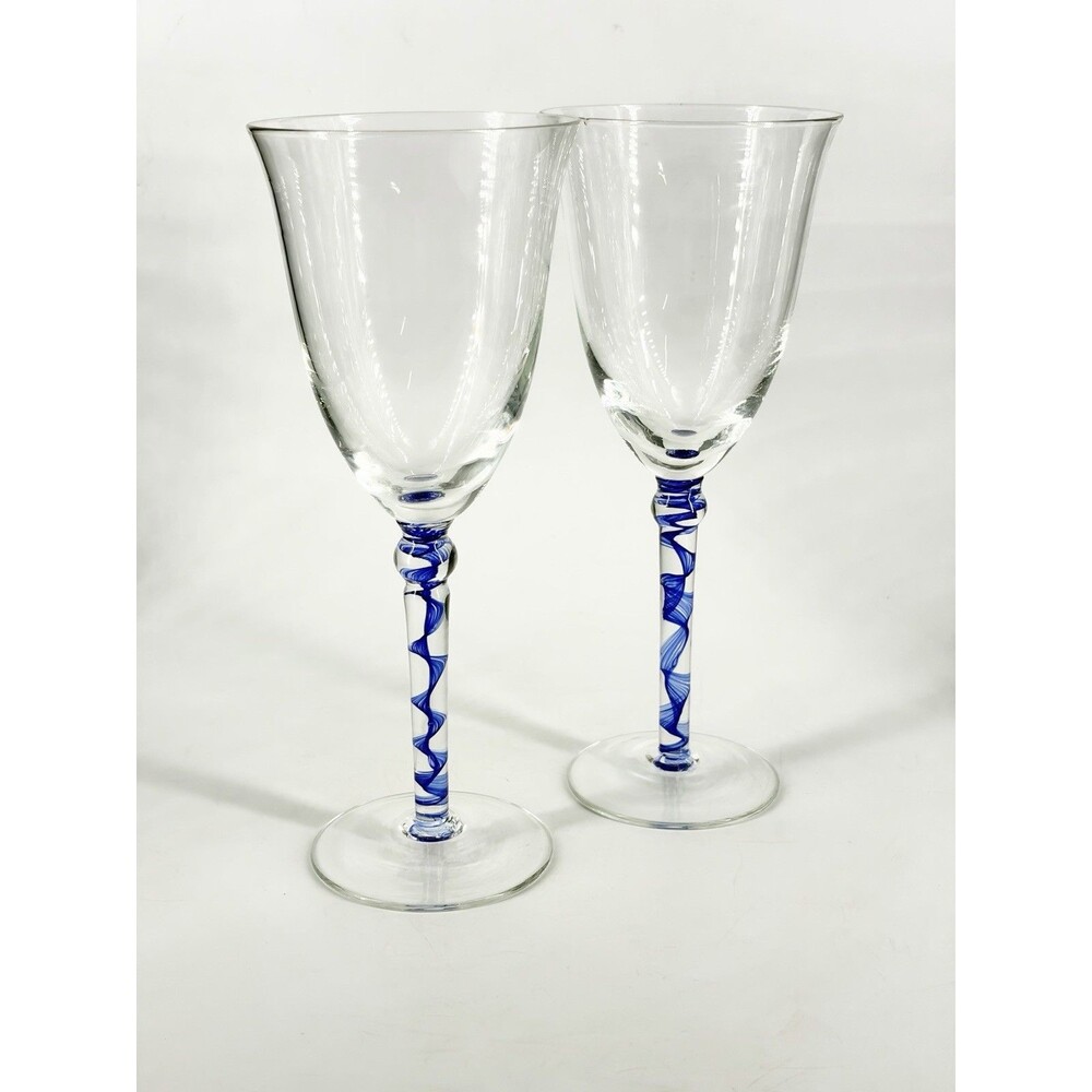 PIER 1 Blue Ribbon Swirl Stem Wine Goblet Glasses